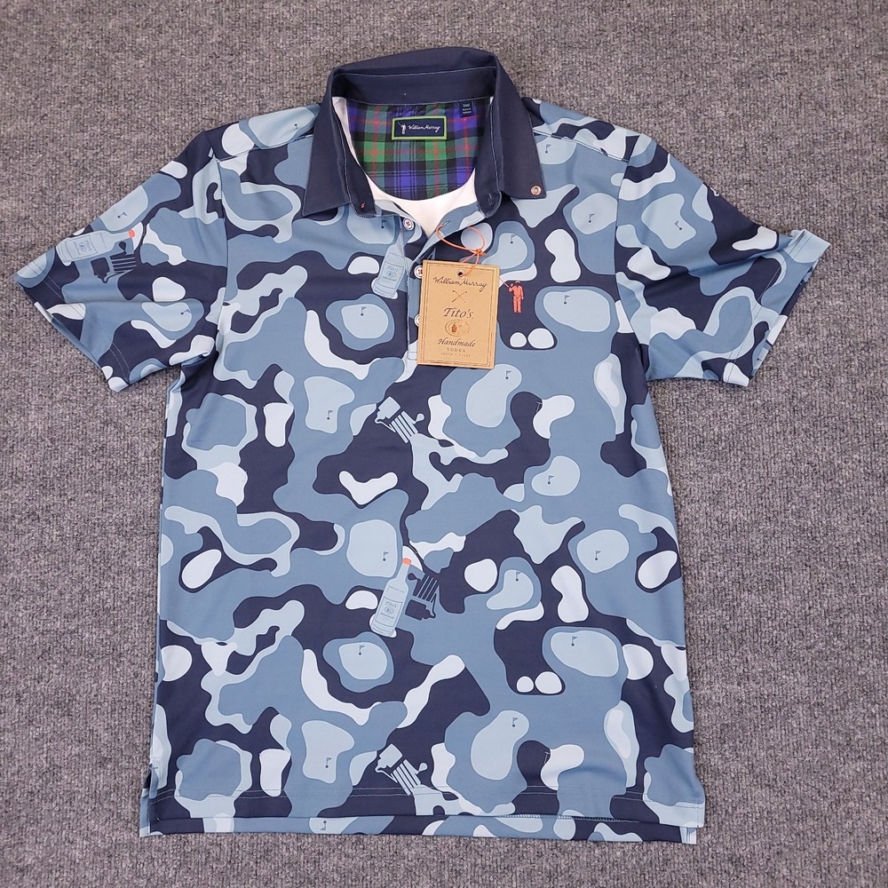 William Murray x Titos Vodka Golf Polo Shirt Mens S Blue Course Camo Stretch NWT